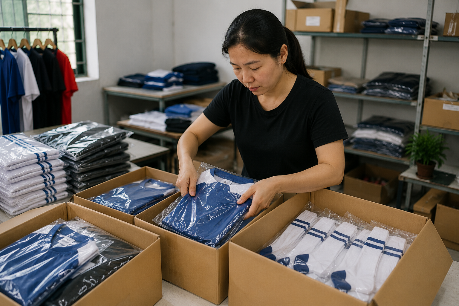 Packed sportswear orders ready for international shipment
